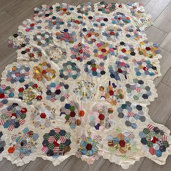 VTG Quilt Top Only Grandmother's Flower Garden Unfinished Hand Pieced 75" x 61” - Picture 1 of 5